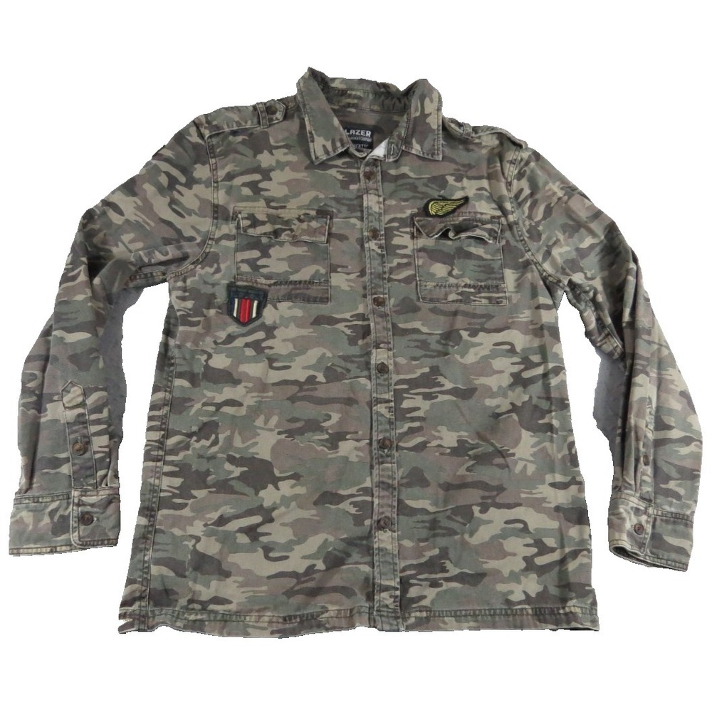Lazer Men L Camo Military Utility Shirt Jacket Embroidered Wings Patch Shacket